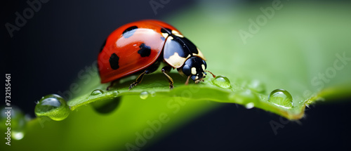 beautiful ladybug walking on a leaf on a spring day