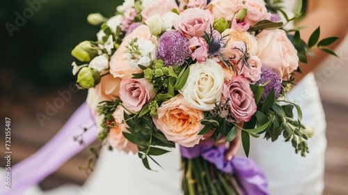 A bride holding a bouquet of pink and white flowers