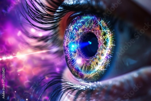 Human Cyborg AI Eye laser vision correction. Eye vision assessment optic nerve lens uveitis color vision. Visionary iris protanopia sight myopia correction eyelashes