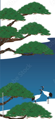日本風の背景。松と鶴と川と雪のベクターイラスト