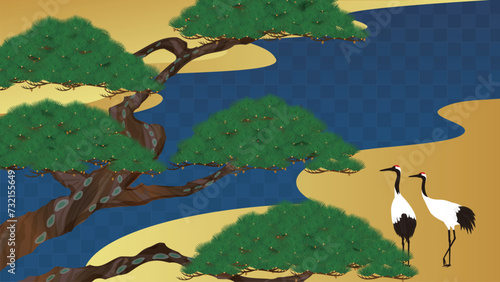 日本の障壁画風の背景。松と鶴と川のベクターイラスト