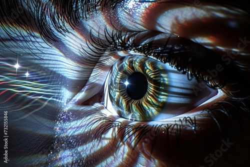 Human Cyborg AI Eye aqueous humor. Eye color vision research optic nerve lens motion color vision. Visionary iris optic nerve regeneration sight iris nevi eyelashes photo