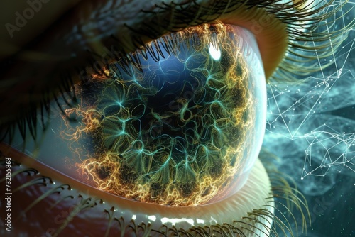 Human Cyborg AI Eye visual impairment. Eye vision impairment optic nerve lens looking color vision. Visionary iris phototransduction sight corneal surgery eyelashes photo