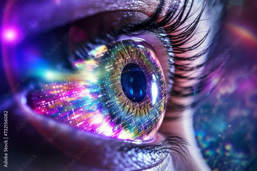 Human Cyborg AI Eye hordeolum. Eye impaired color discrimination optic nerve lens central vision color vision. Visionary iris spiral sight eye examination eyelashes - obrazy, fototapety, plakaty 