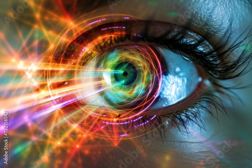 Human Cyborg AI Eye bipolar cell. Eye light optic nerve lens depth perception color vision. Visionary iris inner retinal function sight iris heterochromia eyelashes