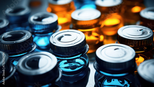 Medicine Bottle on Black Background with Pharmaceutical Equipment and Glass Vials  Closeup.