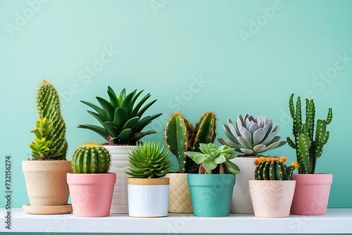 Cactus in pot on shelf against colored wall. House plants background.