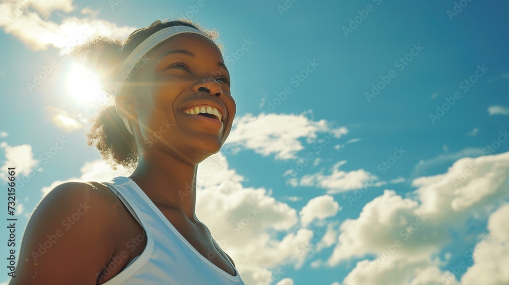 Fitness, black woman and happy athlete smile after running, exercise and marathon training workout. Blue sky, summer sports and run of a African runner breathing with happiness from sport outdoor Fitness, black woman and happy athlete smile after running, exercise and marathon training workout. Blue sky, summer sports and run of a African runner breathing with happiness from sport outdoor