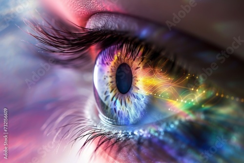Human Cyborg AI Eye anomalous trichromacy. Eye perspective optic nerve lens abducens nerve color vision. Visionary iris visual field sight eyelid spasms eyelashes photo