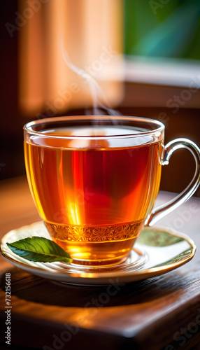 Tea. Cup. Table. Drink. Beverage. Refreshment. Teatime. Relaxation. Aroma. Herbal. Cozy. Warmth. Comfort. Tea Break. Morning. AI Generated.