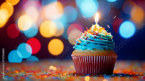 cupcake with candle and blur festive colorful bokeh background with copy space