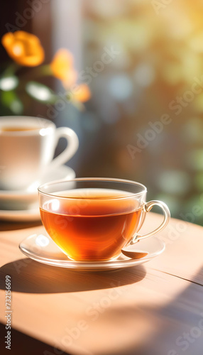 Tea. Cup. Table. Drink. Beverage. Refreshment. Teatime. Relaxation. Aroma. Herbal. Cozy. Warmth. Comfort. Tea Break. Morning. AI Generated. © Say it with silence.