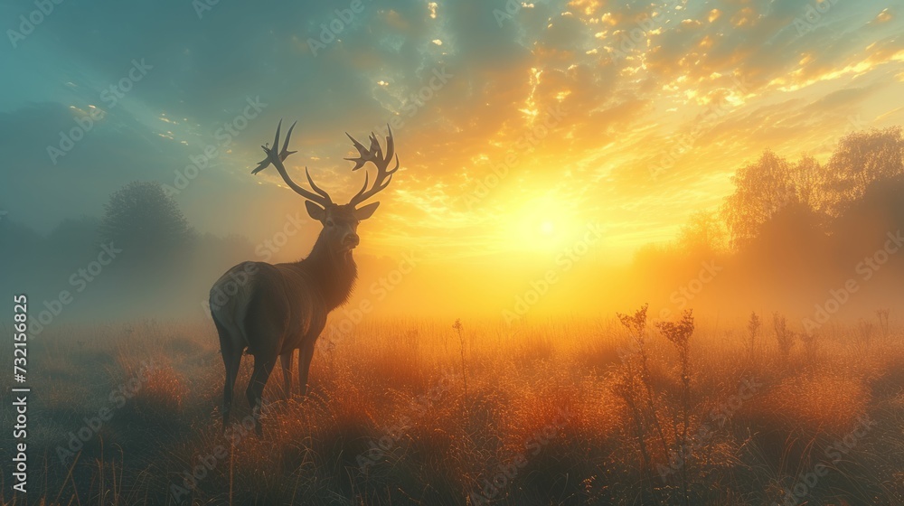 A crowned deer in a foggy meadow at dawn, symbolizing serenity and the pursuit of enduring health - obrazy, fototapety, plakaty 