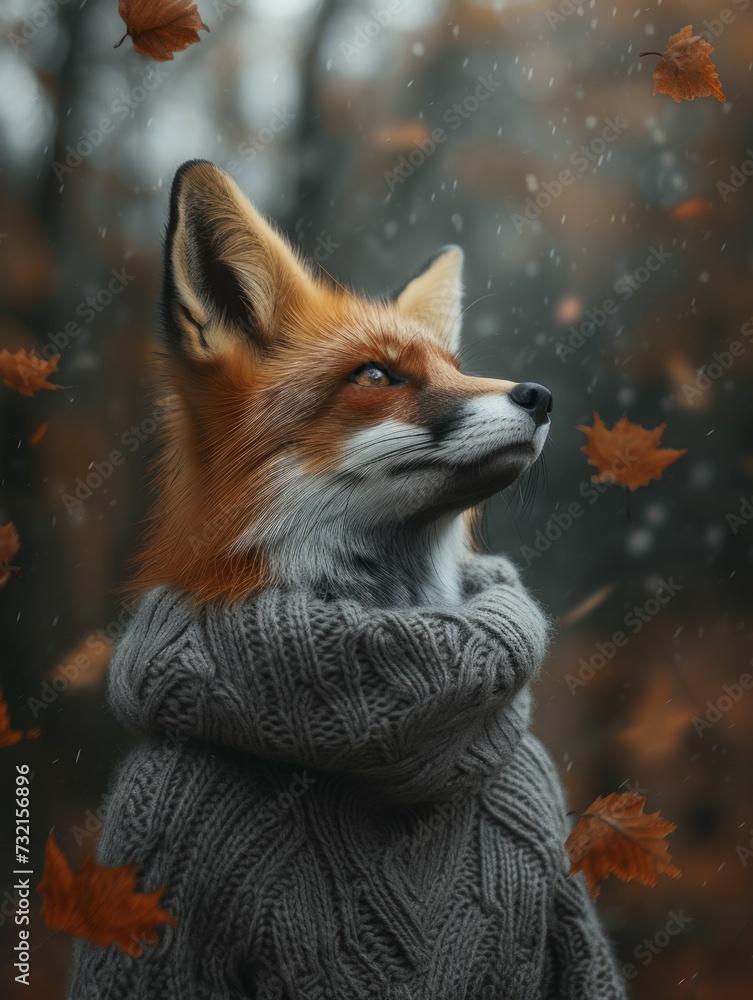 Fototapeta premium A fox attired in a snug sweater, looking afar, enveloped by fall fogs, highlights the allure of transformation and adaptability