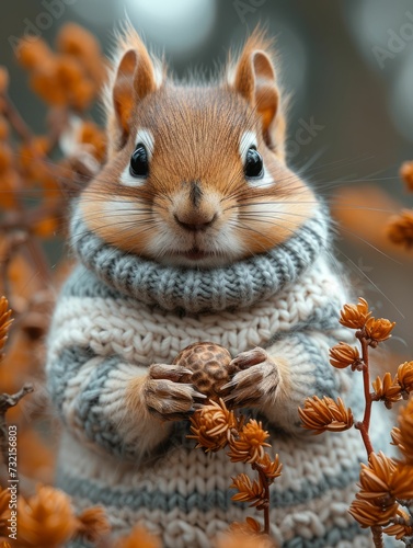 A small chipmunk clad in a sweater, gathering acorns against a backdrop of autumn's deep colors, reflecting readiness and health