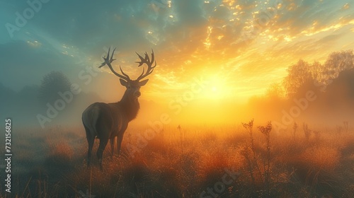 A crowned deer in a foggy meadow at dawn, symbolizing serenity and the pursuit of enduring health photo