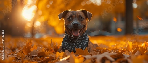 Dog in a leaf-patterned bandana, playing in a pile of fall leaves, sensory style with a blurred, warm-toned setting
