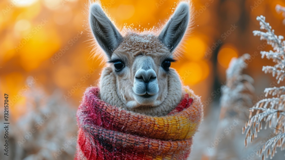 Llama wearing a colorful scarf, standing in a field of tall grass with early frost, showcasing adaptation to the cold