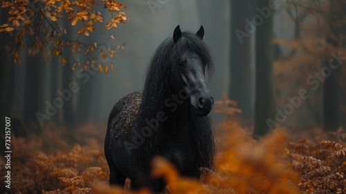 Horse with a mane of autumn leaves, in a misty forest, capturing the majestic and serene side of the season