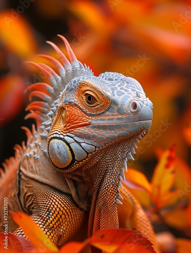 Iguana with a backdrop of falling leaves  blending into the autumn colors  demonstrating adaptability and camouflage