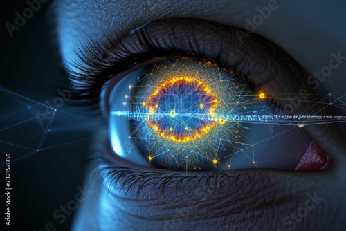 Human Cyborg AI Eye protanopia. Eye sclera optic nerve lens optic nerve inflammation color vision. Visionary iris ocular pharmacology sight lens design eyelashes photo