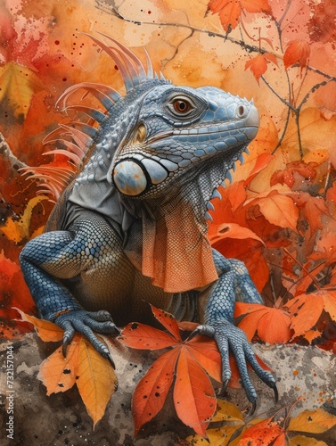 An iguana against a cascade of leaves, merging with fall hues, showcasing adaptiveness and blending in photo