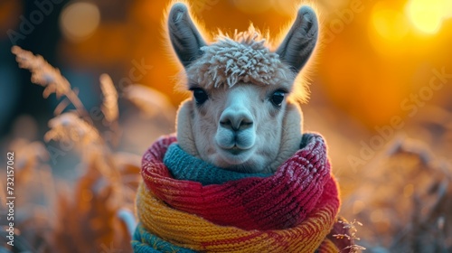 A colorful-scarfed llama within a frost-kissed tall grassland, illustrates adjusting to the chill photo