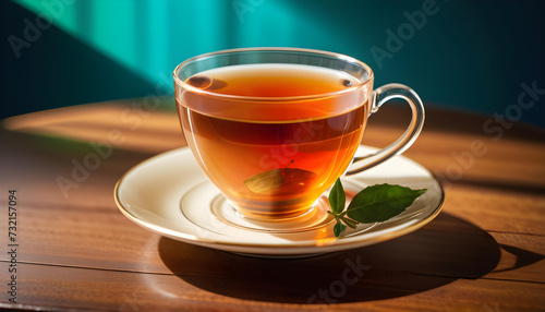 Tea. Cup. Table. Drink. Beverage. Refreshment. Teatime. Relaxation. Aroma. Herbal. Cozy. Warmth. Comfort. Tea Break. Morning. AI Generated.