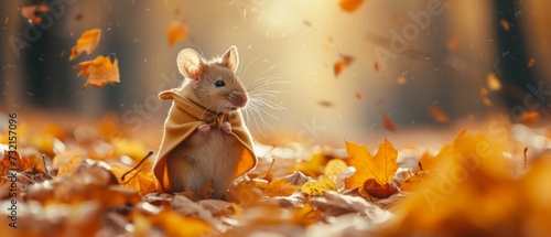 A miniature-caped mouse amid autumn leaves, illustrates the zest for adventure and the quest for continuous knowledge photo