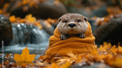 Otter wrapped in a warm blanket, beside a gently flowing stream with autumn leaves floating by, symbolizing comfort and peace