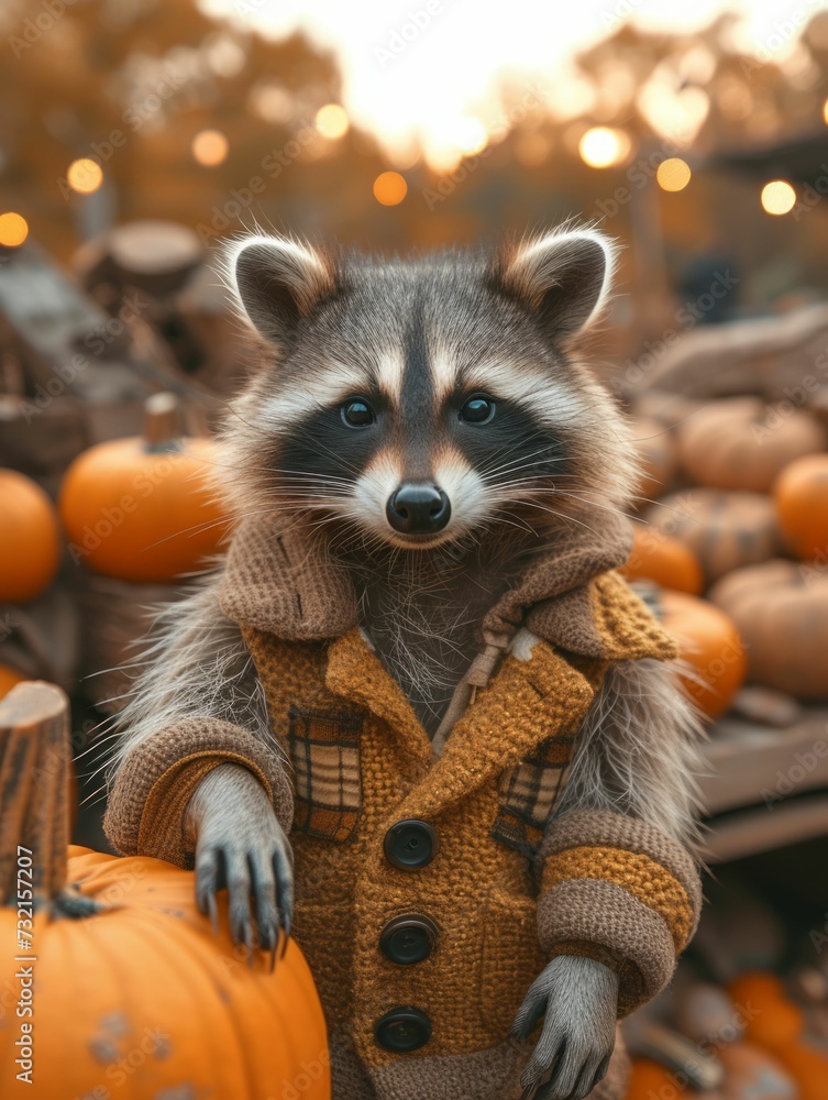 A raccoon clad in patchwork exploring a pumpkin patch, against a blurred sunset scene, showcases curiosity and sensory discovery