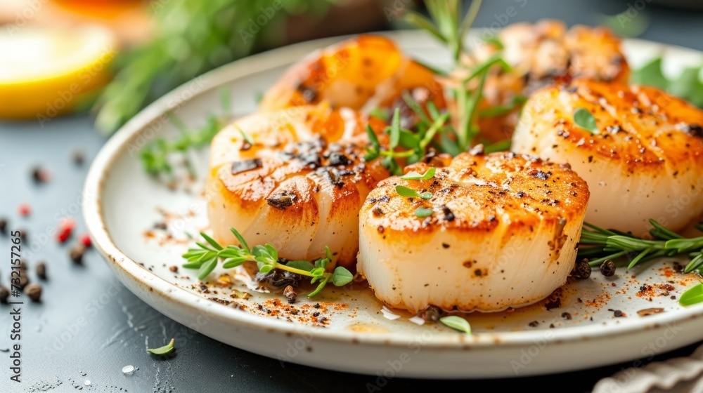 Sous-vide seared scallops with spices and fresh herbs, close up. 