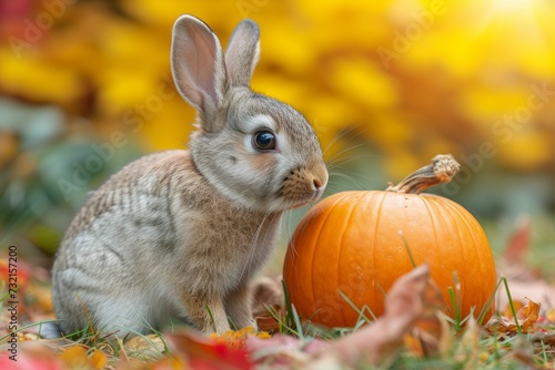 A rabbit in a soft hat examining a pumpkin, in a peaceful, blurred autumnal garden, depicts a journey towards health and wellbeing