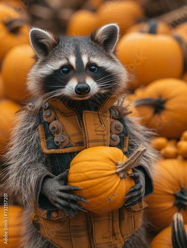 Raccoon in a patchwork vest, rummaging through a pumpkin patch, blurred sunset backdrop, highlighting curiosity and sensory exploration