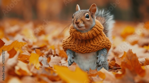 Squirrel in a tiny knitted sweater among colorful autumn leaves, blurred background to emphasize the cozy outfit