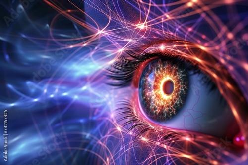 Human Cyborg AI Eye diopter. Eye consciousness optic nerve lens diabetic retinopathy color vision. Visionary iris ophthalmic genetic sight imagination eyelashes photo