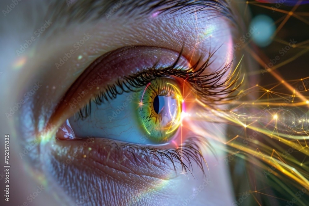 Human Cyborg AI Eye visual acuity. Eye color vision deficiency genetics optic nerve lens closeup color vision. Visionary iris concept sight stereopsis eyelashes - obrazy, fototapety, plakaty 
