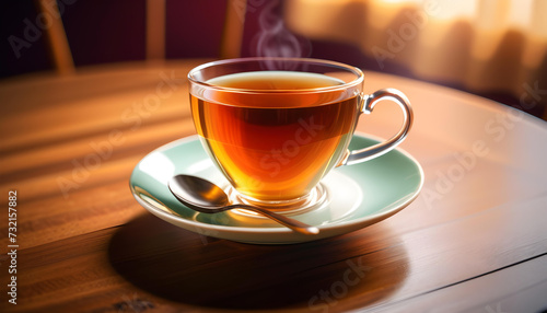 Tea. Cup. Table. Drink. Beverage. Refreshment. Teatime. Relaxation. Aroma. Herbal. Cozy. Warmth. Comfort. Tea Break. Morning. AI Generated.