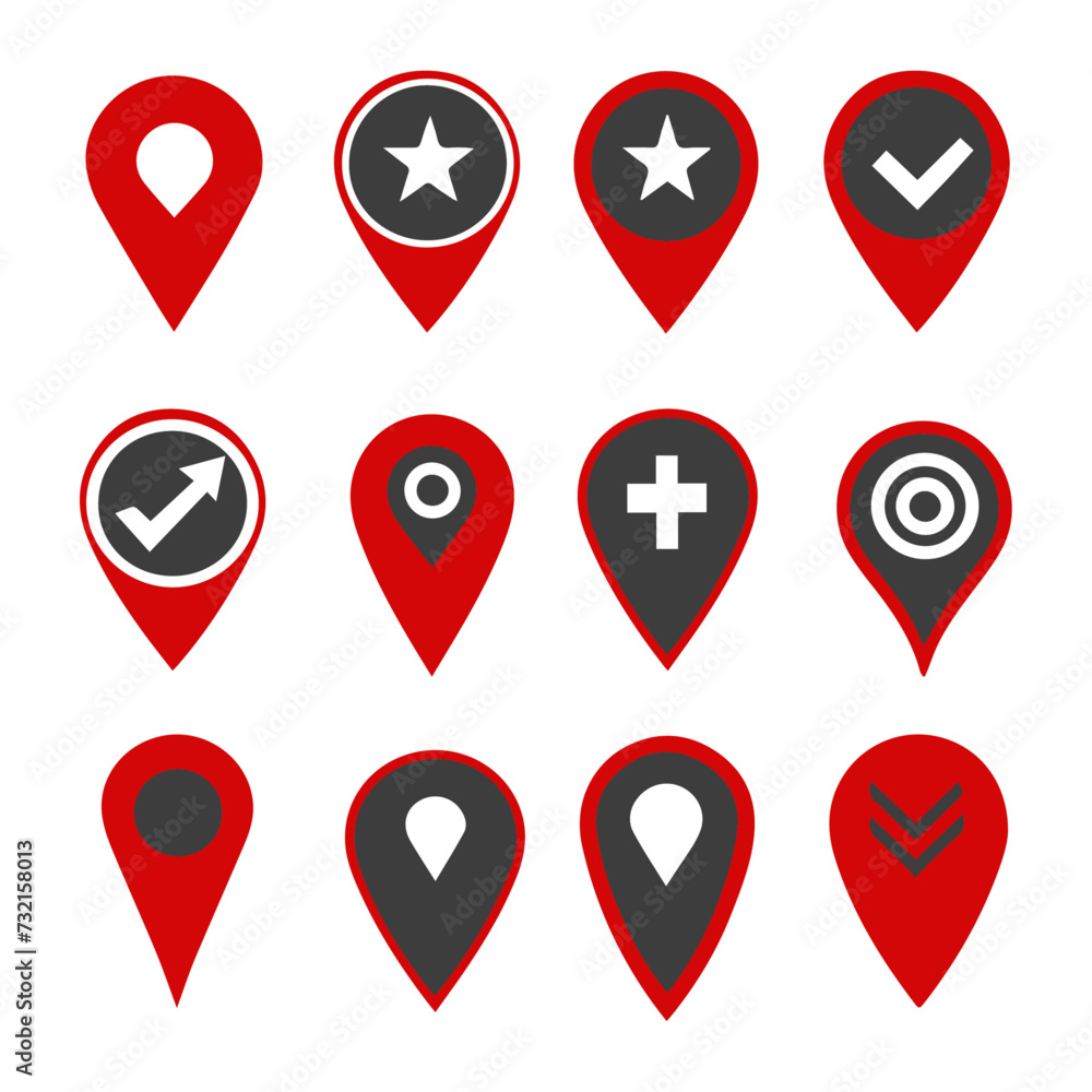 vector location pin multiple styles set, with flat style symbol