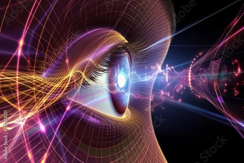 Human Cyborg AI Eye visionary artist. Eye miosis optic nerve lens dream color vision. Visionary iris optic nerve regeneration sight corneal dystrophy eyelashes