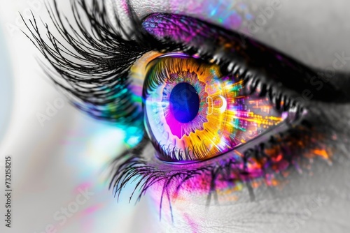 Human Cyborg AI Eye iris nevi. Eye Conjunctivitis diagnosis eye drop optic nerve lens tonic pupil color vision. Visionary iris visual axis sight star eyelashes photo