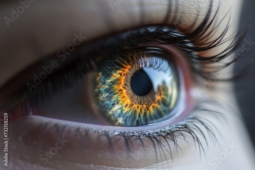 Human Cyborg AI Eye spectacle. Eye ophthalmoplegia optic nerve lens design element color vision. Visionary iris pterygium surgery sight ocular tumors eyelashes