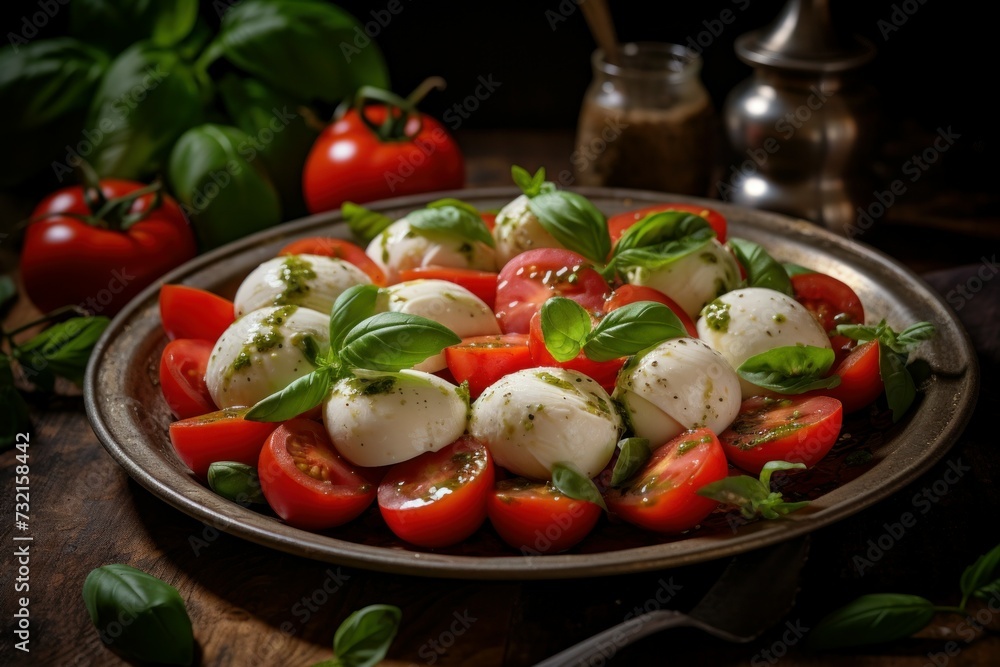 Luscious Mozzarella tomatoes basil. Food salad. Generate Ai Luscious Mozzarella tomatoes basil. Food salad. Generate Ai