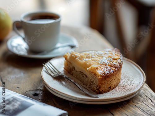 Start your day right with a warm coffee and muffin. Add a magazine for a leisurely experience. Enjoy an elegant lunch dessert like pear cake with coconut flakes. Embrace the coffee lifestyle.