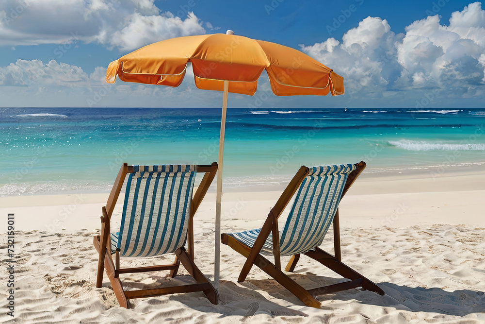 Relaxing beach scene. Two chairs and umbrella on beautiful white sand beach, sunny day by the ocean.