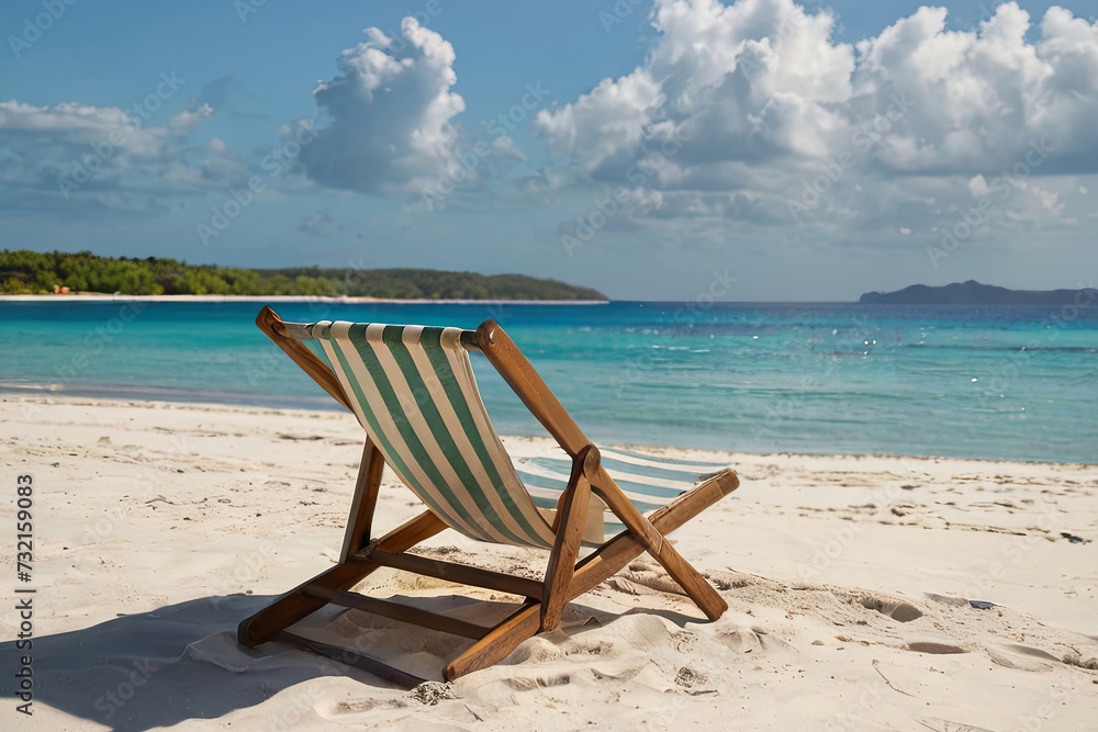 Relaxing beach scene. Two chairs and umbrella on beautiful white sand beach, sunny day by the ocean.