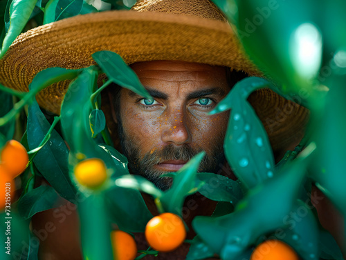 Close-up portrait of a man wearing a hat in tangerine foliage.Generative AI
