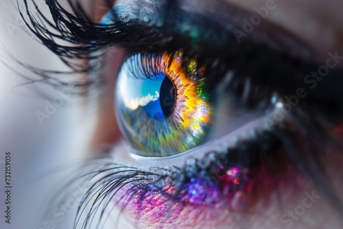 Human Cyborg AI Eye visual impairment. Eye abstract optic nerve lens visual pathway color vision. Visionary iris optic neuritis sight achromatopsia eyelashes