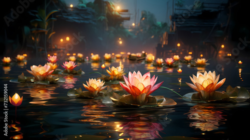 3D rendering Krathong floating flower background, Thailand Loy Krathong festival