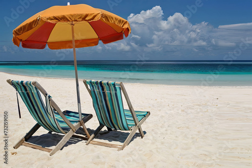 Relaxing beach scene. Two chairs and umbrella on beautiful white sand beach  sunny day by the ocean.